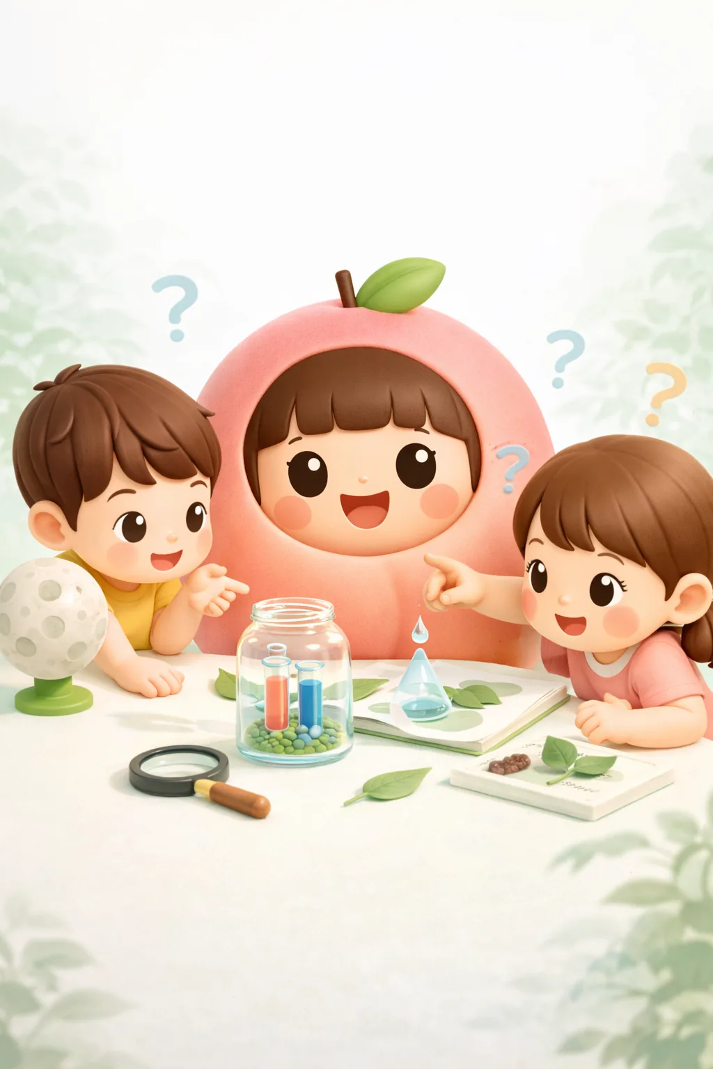 桃子女孩和小朋友在户外观察自然并继续提问