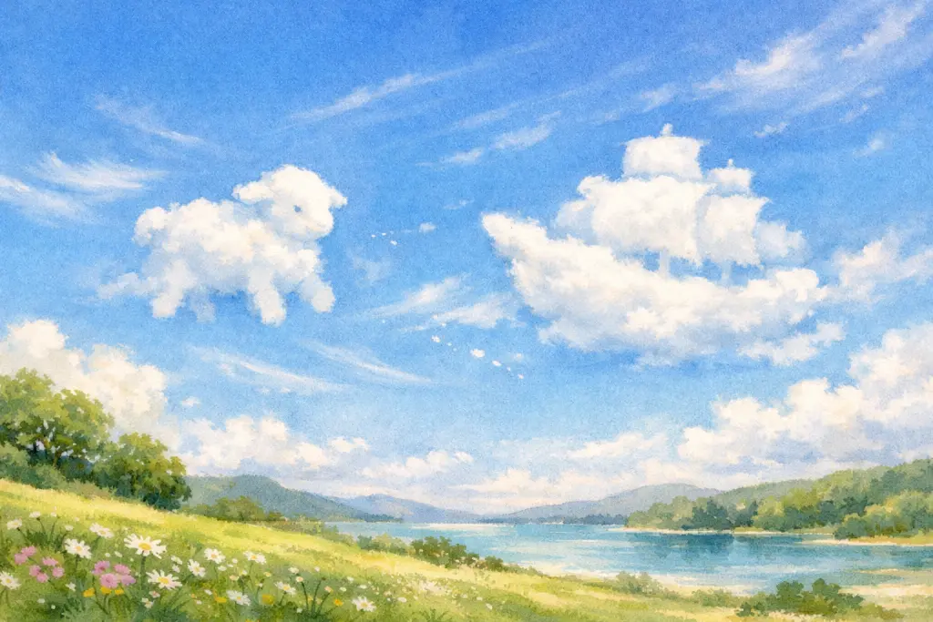 天空中有一朵白云，一会儿像小羊，一会儿像船。