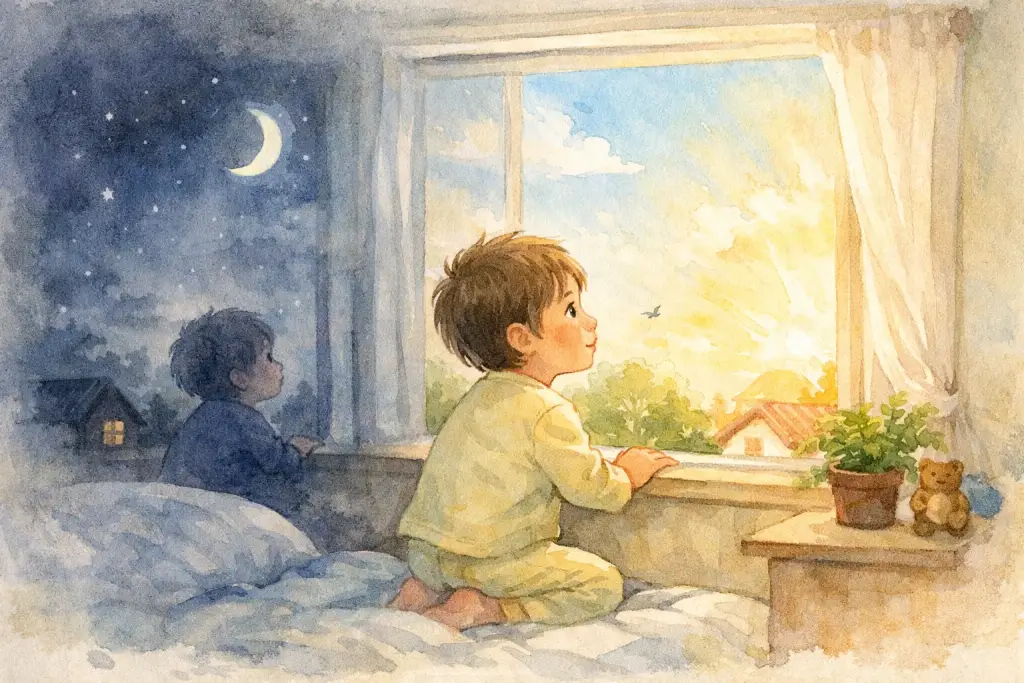 清晨的阳光照亮窗边，孩子望着突然亮起来的天空，心里冒出白天黑夜轮流来的问题。