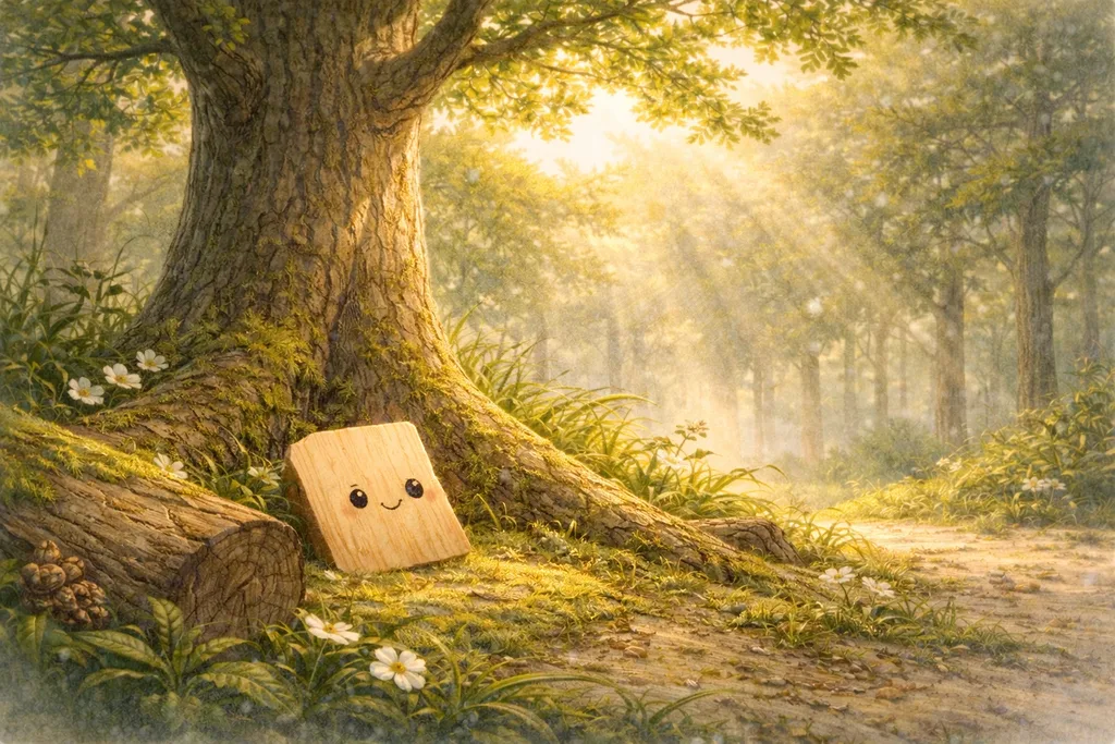 阳光下的森林里，一棵高高的树静静站着，树木里藏着做纸的小秘密。