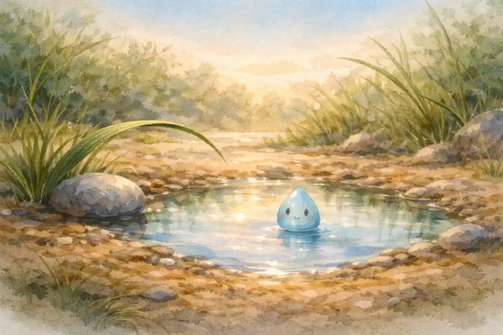 清晨的小水洼里，小雨滴和草叶、小石头待在一起。