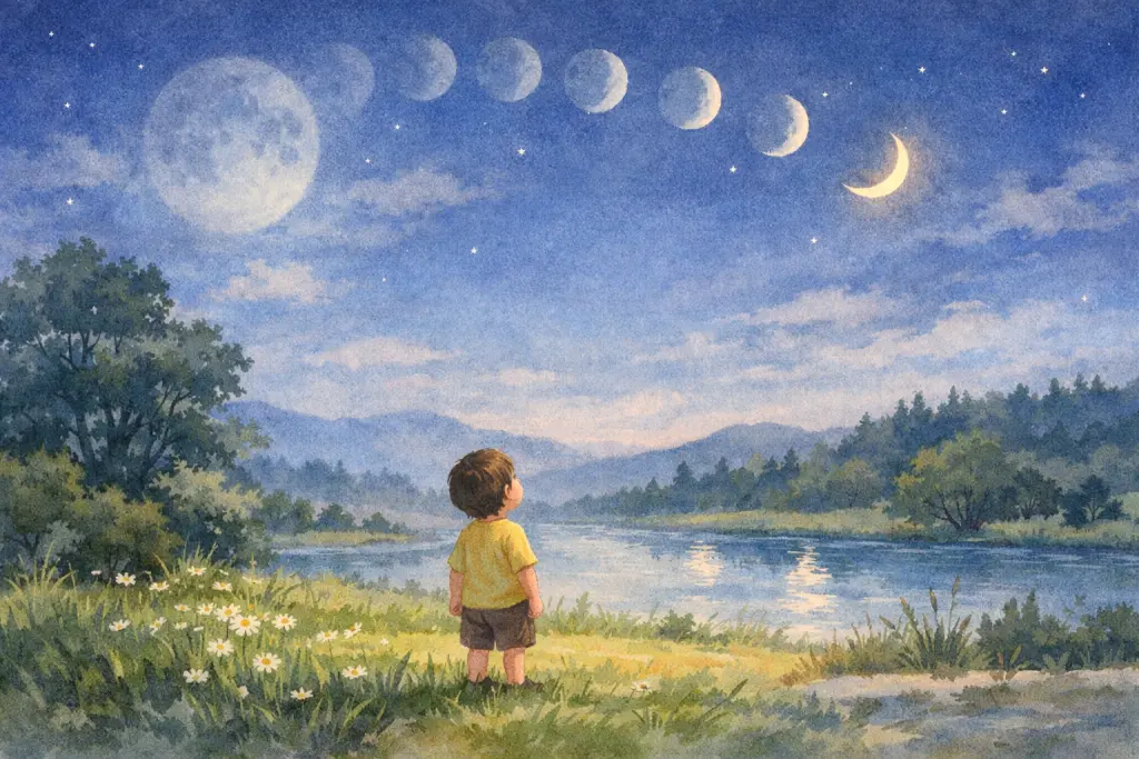 夜空里挂着一轮弯弯的月亮，小朋友抬头看它。