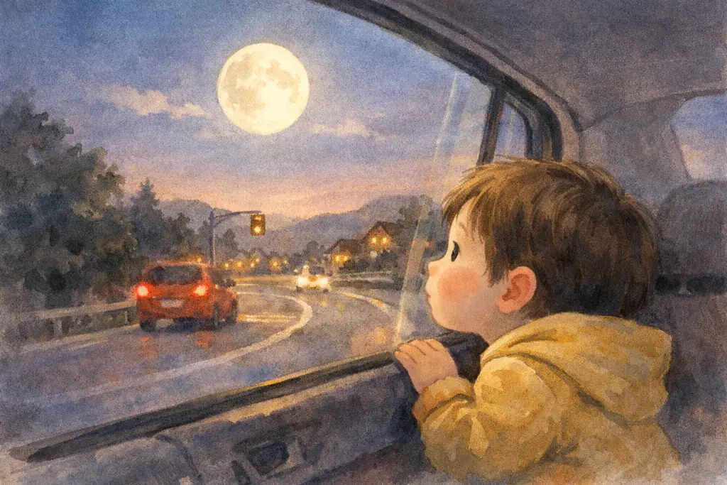 傍晚车窗边，孩子贴着玻璃看外面，月亮一直挂在车前上方，第一页直接抛出疑问。