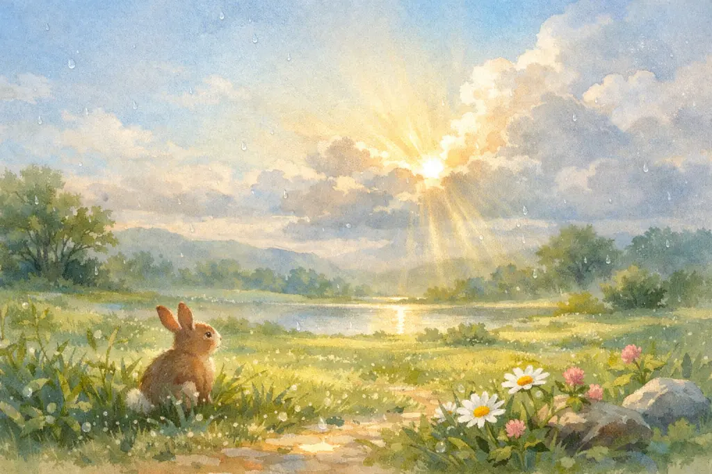 一场雨后，云缝里透出阳光，空气亮了起来。