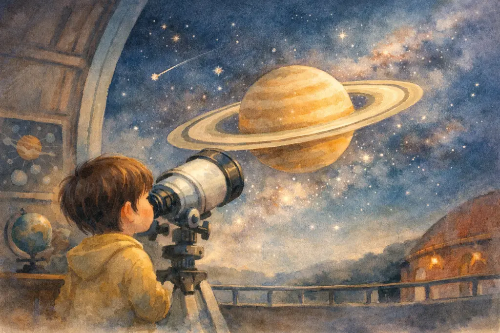 天文馆或望远镜旁，孩子第一次看到土星环，第一页直接抛出问题。