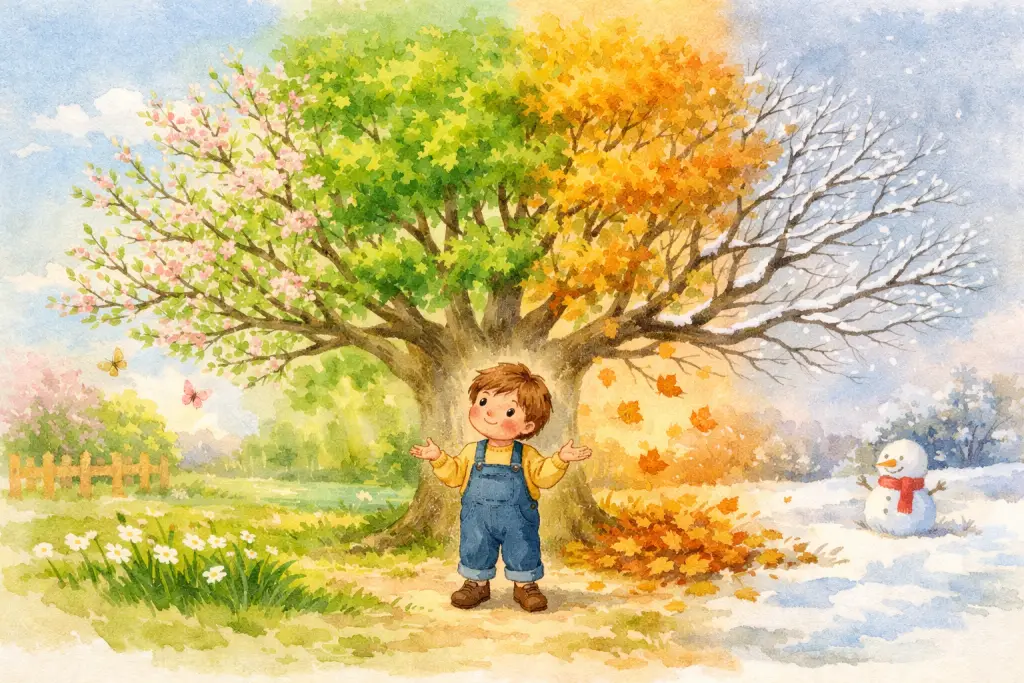 同一棵树在画面里呈现四季叠化，孩子站在中间发问，第一页直接抛出问题。