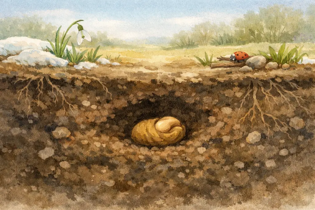 泥土里一颗小种子安安静静地睡着，外面有细小的草根。