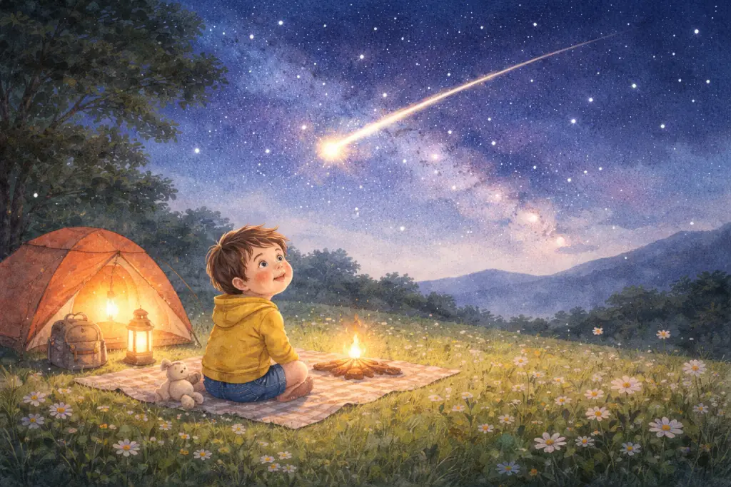 露营夜晚的草地上，孩子惊讶地看见一道流星划过，第一页直接抛出问题。