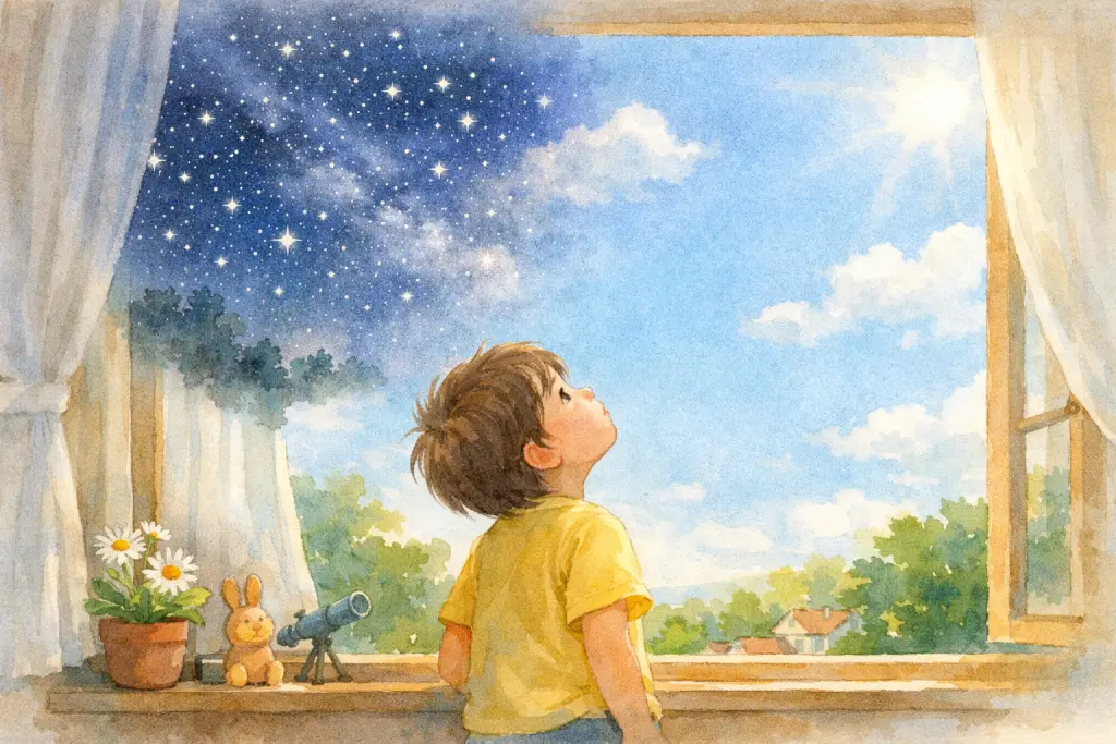 明亮早晨的窗边，孩子仰头看蓝天，想起昨晚满天星星，第一页直接提出问题。