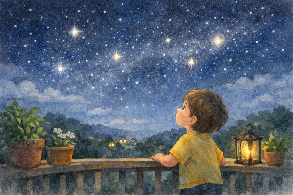 夜晚阳台上，孩子仰头望着密密的星空，几颗亮星在深蓝夜色里忽明忽暗，第一眼就抛出问题。