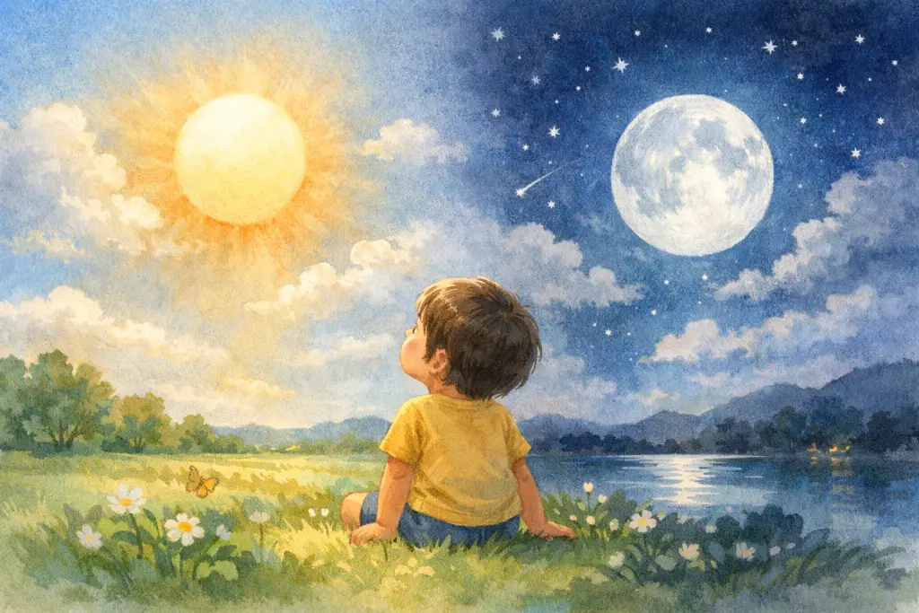 白天的太阳与夜晚的月亮在同一构图里呼应，孩子抬头比较两者大小。