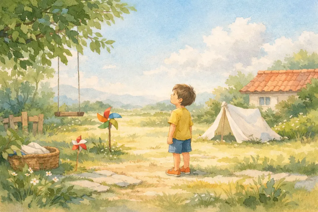 安静的午后，树叶和风车都停下来，小朋友在找风。